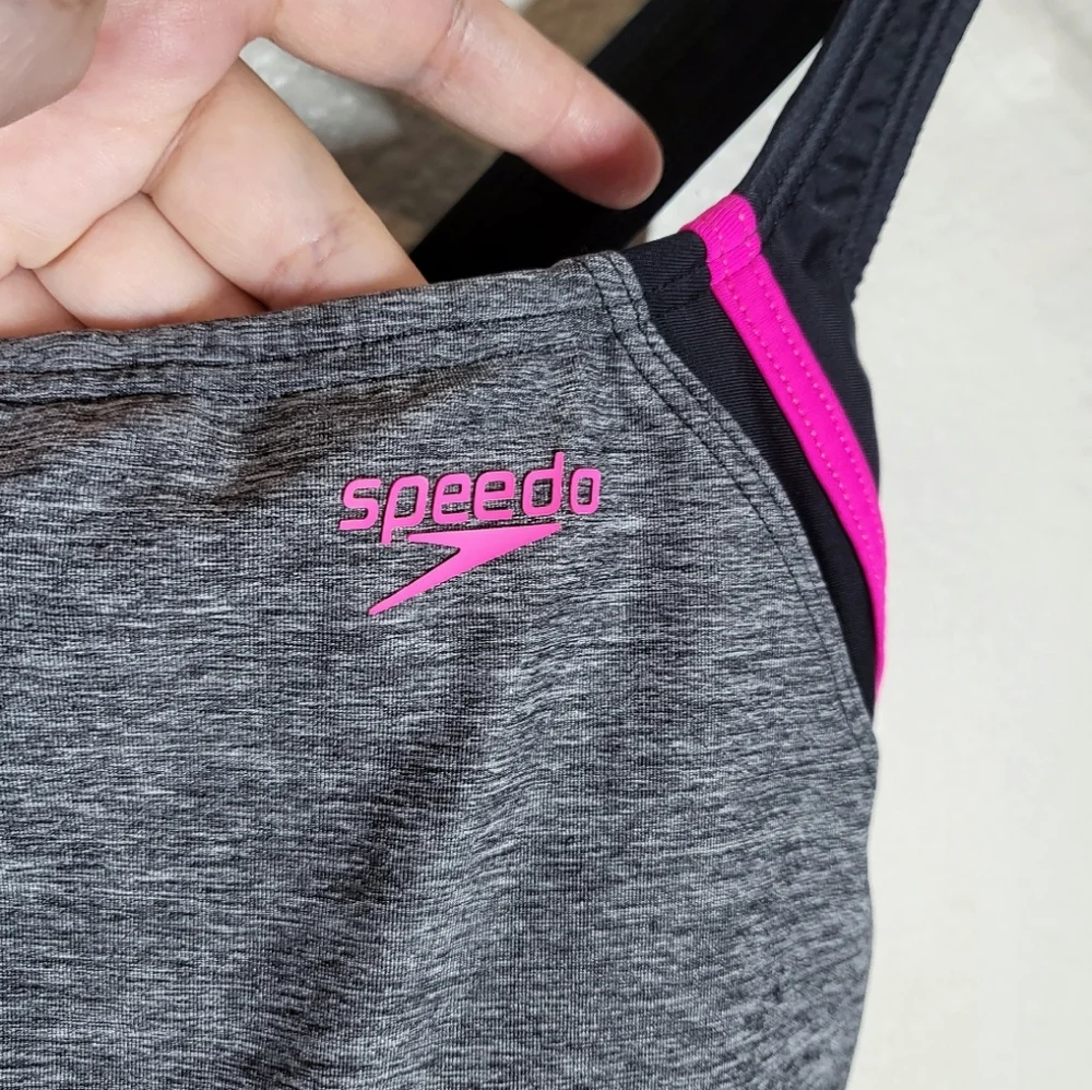 Speedo Quantum Splice One Piece Swimsuit Open Back Sporty Grey and Pink Size 10 - Picture 5 of 13